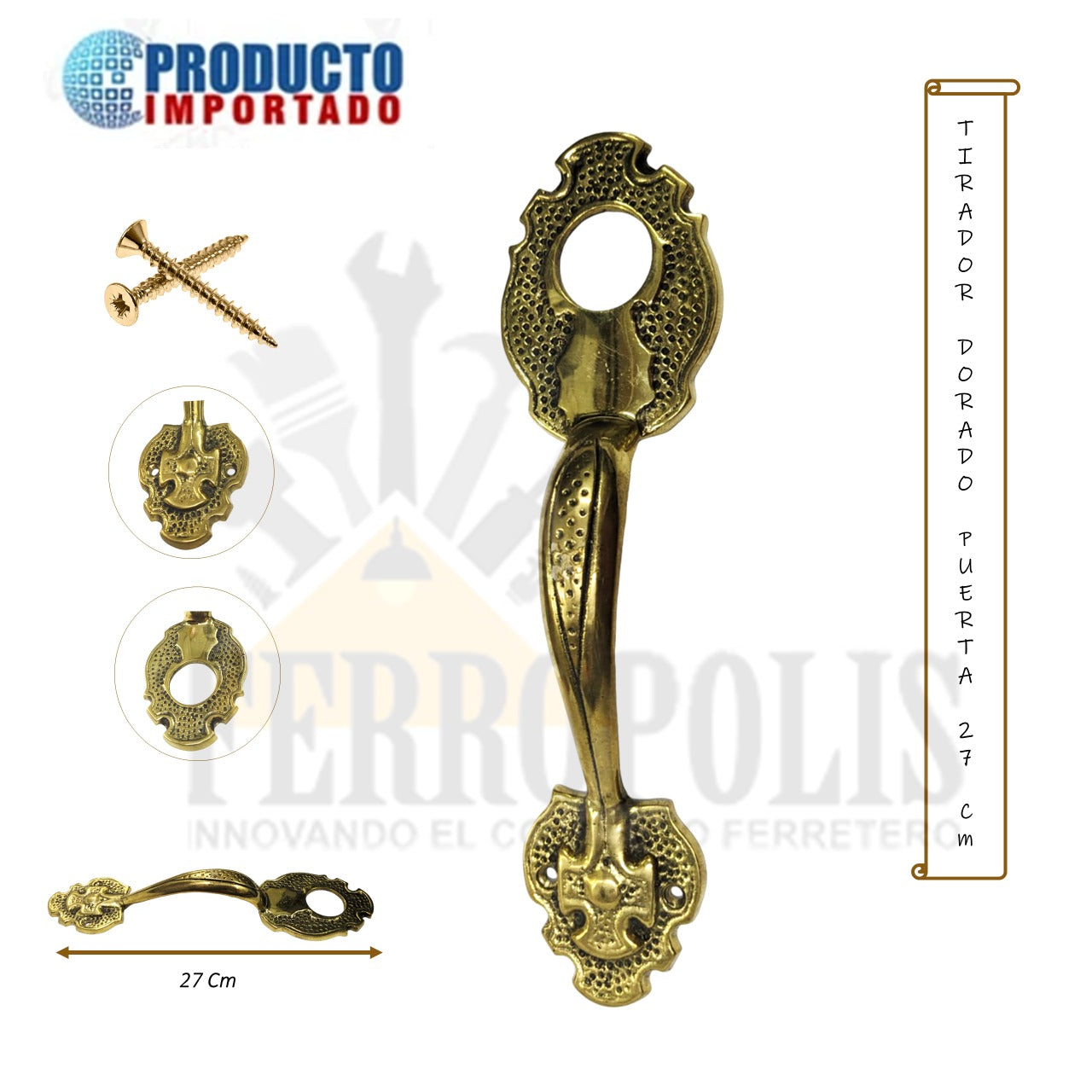 TIRADOR DORADO PARA PUERTA CON DISEÑO 27cm  inc. tornillos