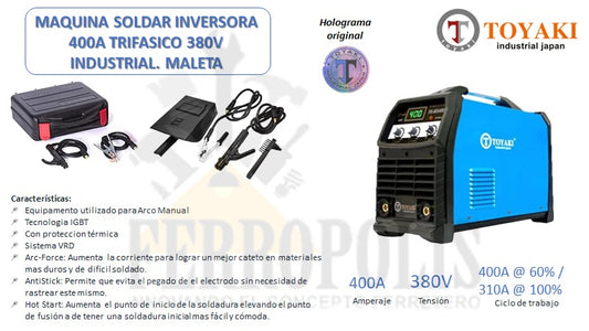 MAQUINA SOLDAR INVERSORA 400A TRIFASICO 380V " TOYAKI JAPAN" INDUSTRIAL