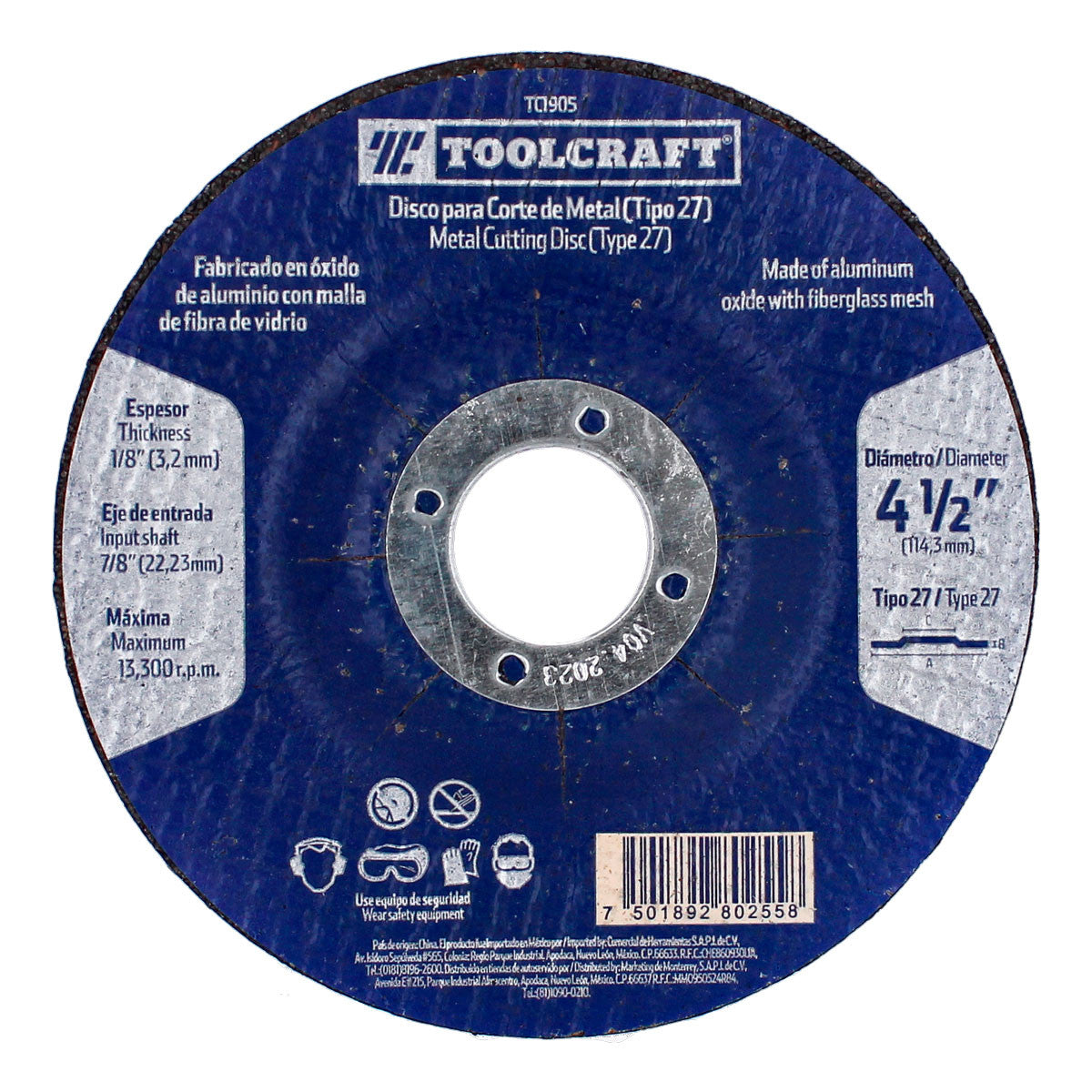 DISCO ABRASIVO CORTE  METAL 4 1/2" x 1/8" (3 mm ) "TOOLCRAFT"
