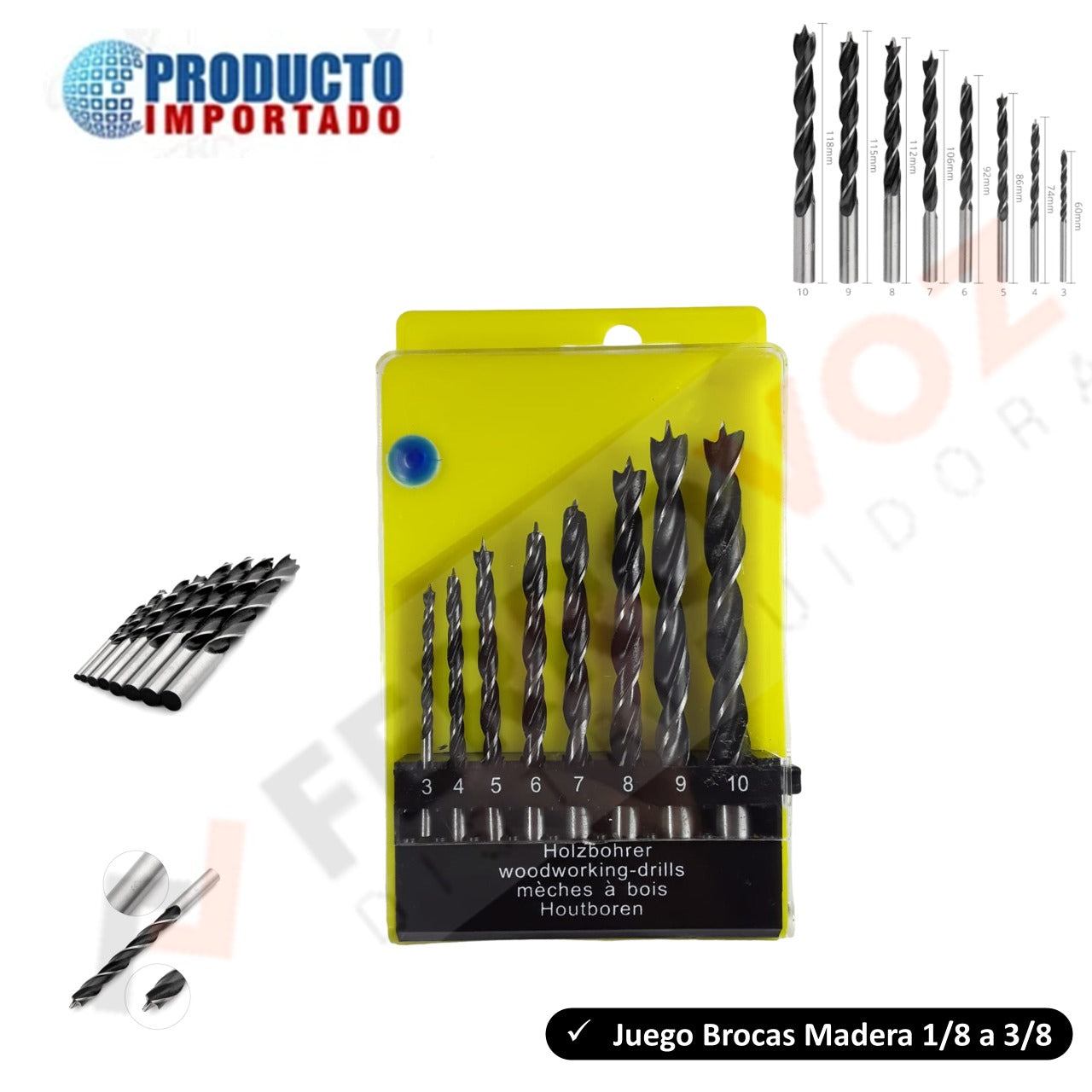 JUEGO BROCAS MADERA 1/8 A 3/8 (8 PCS)